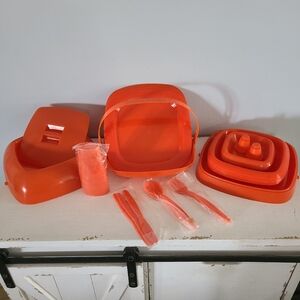 Vintage 1970s Stackable Orange Picnic Set